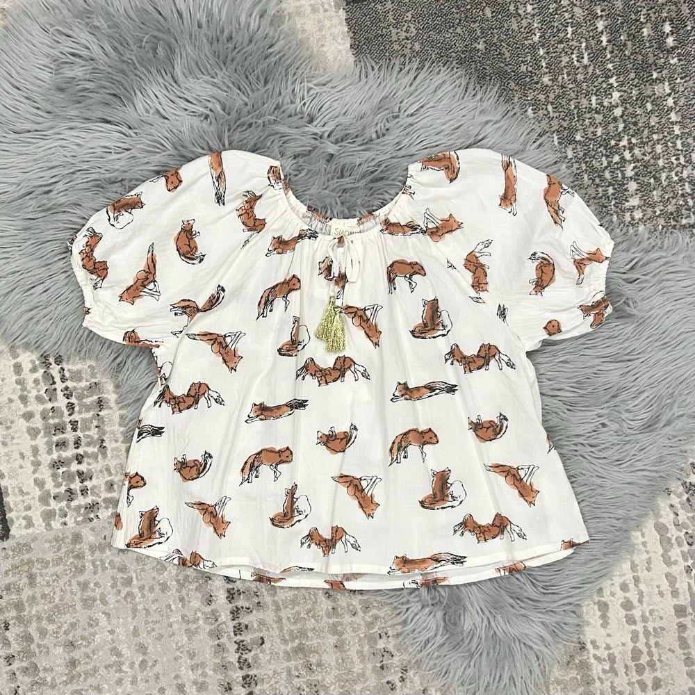 Siaomimi‎ Girls Cream Fox Peasant Top With Tassel Front Tie Size 12Y ($60)
